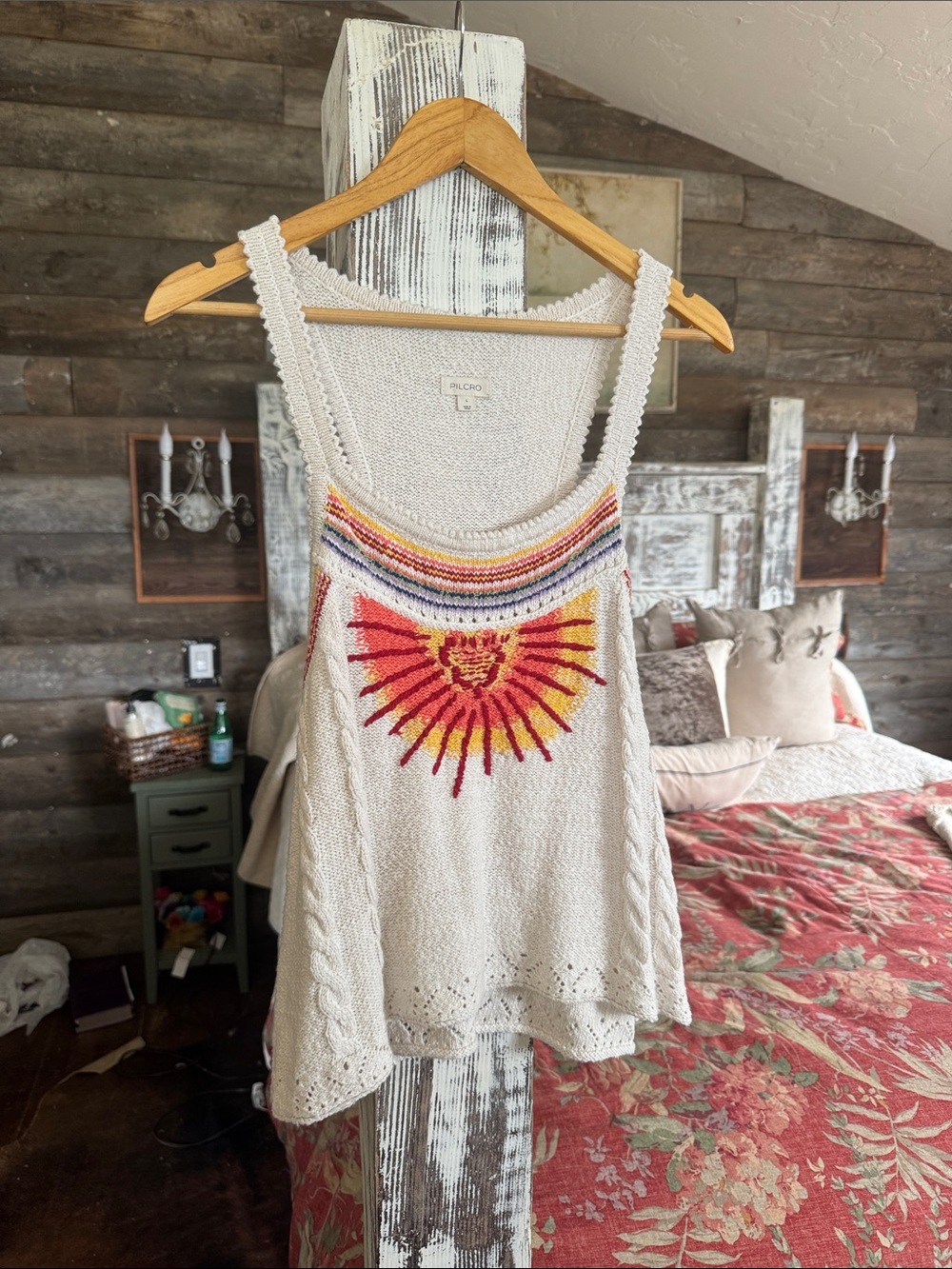 Anthropologie Cream Knit Tank with Multicolor Sunburst Embroidery